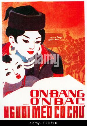 Vietnam: Communist propaganda poster - 'Thanks to The Party and Uncle Ho, the Meo People Know How to Read and Write', c. 1970s.  The Second Indochina War, known in America as the Vietnam War, was a Cold War era military conflict that occurred in Vietnam, Laos, and Cambodia from 1 November 1955 to the fall of Saigon on 30 April 1975. This war followed the First Indochina War and was fought between North Vietnam, supported by its communist allies, and the government of South Vietnam, supported by the U.S. and other anti-communist nations. Stock Photo