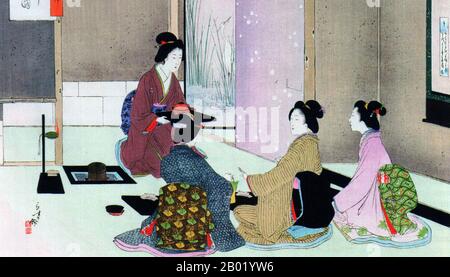 Japan: Four kimono-clad women at a chanoyu tea ceremony. Ukiyo-e woodblock print by Toshikata Mizuno (1866-1908), 1896.  The Japanese tea ceremony, also called the Way of Tea, is a Japanese cultural activity involving the ceremonial preparation and presentation of matcha, powdered green tea. In Japanese, it is called chanoyu or chadō, sadō. The manner in which it is performed, or the art of its performance, is called otemae. Zen Buddhism was a primary influence in the development of the tea ceremony.  Tea gatherings are classified as chakai or chaji. Stock Photo