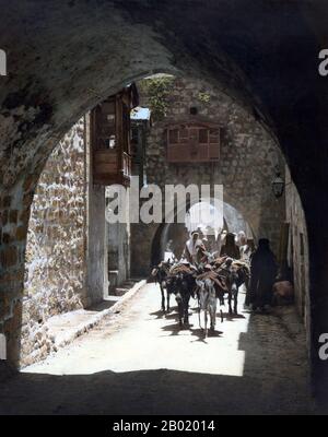 Palestine: Palestinians and pack mules in Jerusalem Old City, c. 1898-1919.  Palestine is a name given to the geographic region between the Mediterranean Sea and the Jordan River. The region is also known as the Land of Israel (Eretz-Yisra'el), the Holy Land and the Southern Levant.  In 1832 Palestine was conquered by Muhammad Ali's Egypt, but in 1840 Britain intervened and returned control of the Levant to the Ottomans in return for further capitulations. The end of the 19th century saw the beginning of Zionist immigration and the Revival of the Hebrew language. Stock Photo