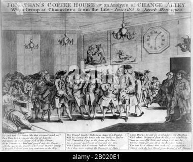 England: Jonathan's Coffee House in Change Alley, famed as the original site of the London Stock Exchange. Etching by H.O. Neal, 1763.  Historians define English coffeehouses as public social houses during the 17th and 18th centuries, in which patrons would assemble for conversation and social interaction, while taking part in the newly emerging coffee consumption habits of the time. Travellers introduced coffee as a beverage to England during the mid-17th century.  For the price of a penny, customers purchased a cup of coffee and admission to a coffeehouse, where men engaged in conversation. Stock Photo