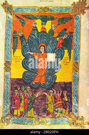 Spain: The Lord in the Clouds. From the Beatus of Rioja or Urgell Beatus, c. 975.  The Escorial Beatus is a 10th century illuminated manuscript of the Commentary on the Apocalypse by Beatus of Liébana. The manuscript was probably created at the monastery at San Millán de la Cogolla. There are 151 extant folios; the manuscript is illustrated with 52 surviving miniatures. The Apocalypse of John is the Book of Revelation, the last book of the New Testament. Stock Photo