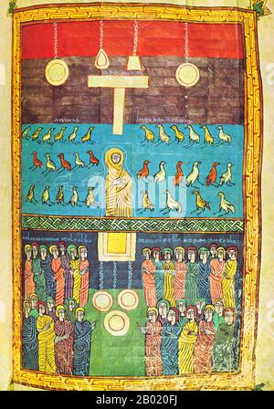 Spain: The Seventh Seal. From the Beatus of Rioja or Urgell Beatus, c. 975.  The Escorial Beatus is a 10th century illuminated manuscript of the Commentary on the Apocalypse by Beatus of Liébana. The manuscript was probably created at the monastery at San Millán de la Cogolla. There are 151 extant folios; the manuscript is illustrated with 52 surviving miniatures. The Apocalypse of John is the Book of Revelation, the last book of the New Testament. Stock Photo