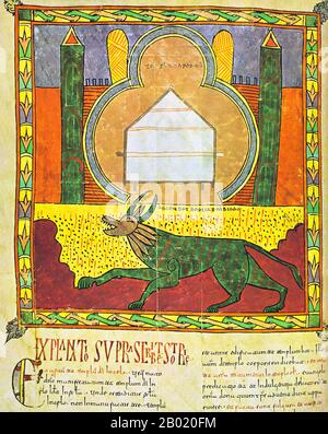 Spain: The Beast emerges from The Abyss. From the Beatus of Rioja or Urgell Beatus, c. 975.  The Escorial Beatus is a 10th century illuminated manuscript of the Commentary on the Apocalypse by Beatus of Liébana. The manuscript was probably created at the monastery at San Millán de la Cogolla. There are 151 extant folios; the manuscript is illustrated with 52 surviving miniatures. The Apocalypse of John is the Book of Revelation, the last book of the New Testament. Stock Photo