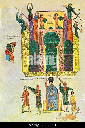 Spain: The Siege and Capture of Jerusalem by Nebuchadnezzar. From the Beatus of Rioja or Urgell Beatus, c. 975.  The Escorial Beatus is a 10th century illuminated manuscript of the Commentary on the Apocalypse by Beatus of Liébana. The manuscript was probably created at the monastery at San Millán de la Cogolla. There are 151 extant folios; the manuscript is illustrated with 52 surviving miniatures. The Apocalypse of John is the Book of Revelation, the last book of the New Testament. Stock Photo