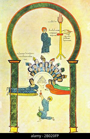 Spain: The Feast of Balthazar. From the Beatus of Rioja or Urgell Beatus, c. 975.  The Escorial Beatus is a 10th century illuminated manuscript of the Commentary on the Apocalypse by Beatus of Liébana. The manuscript was probably created at the monastery at San Millán de la Cogolla. There are 151 extant folios; the manuscript is illustrated with 52 surviving miniatures. The Apocalypse of John is the Book of Revelation, the last book of the New Testament. Stock Photo