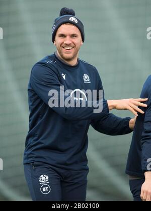 Oriam Sports Centre, Heriot-Watt University's Riccarton campus, Edinburgh: 18th February, 2020. Scotland rugby team training session prior to their Guinness Six Nations match against Italy in Rome. Scotland's Chris Harris. Credit: Ian Rutherford/Alamy Live News Stock Photo