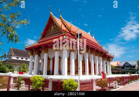 Thailand: Viharn, Wat Matchimawat, Songkhla.  Wat Matchimawat was built in the 17th century CE and is one of Songkhla's most important temples.  The name Songkhla is actually the Thai corruption of Singgora; its original name means 'the city of lions' in Malay. This refers to a lion-shaped mountain near the city of Songkhla.  Songkhla was the seat of an old Malay Kingdom with heavy Srivijayan influence. In ancient times (200-1400 CE), Songkhla formed the northern extremity of the Malay Kingdom of Langkasuka. The city-state then became a tributary of Nakhon Sri Thammarat. Stock Photo