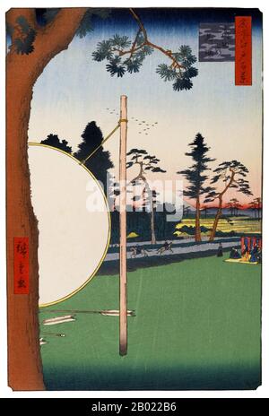 Hiroshige's One Hundred Famous Views of Edo (名所江戸百景), actually composed of 118 woodblock landscape and genre scenes of mid-19th century Tokyo, is one of the greatest achievements of Japanese art. The series includes many of Hiroshige's most famous prints. It represents a celebration of the style and world of Japan's finest cultural flowering at the end of the Tokugawa Shogunate.  The winter group, numbers 99 through 118, begins with a scene of Kinryūzan Temple at Akasaka, with a red-on-white color scheme that is reserved for propitious occasions. Snow immediately signals the season and is depi Stock Photo