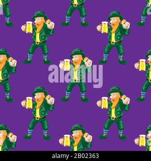 Seamless dwarf pattern with a beer glass and a coin on a purple background. Vector image Stock Vector