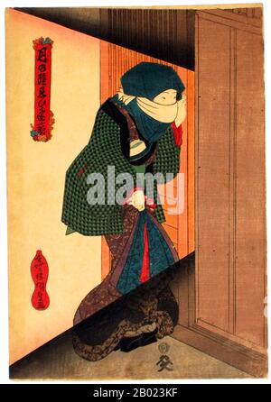 A secret tryst with a young woman, her face partially hidden perhaps against the cold, opening a sliding screen which lets a beam of light illuminate her through the darkness. From a set of six prints: Secret Meetings by Moonlight, Tsuki no kage shinobiau yoru. Published c. 1836 – 38 by Yamamoto Kyubei.  Utagawa Kunisada (1786 – January 12, 1865) (Japanese: 歌川 国貞, also known as Utagawa Toyokuni III 三代歌川豊国 ) was the most popular, prolific and financially successful designer of ukiyo-e woodblock prints in 19th-century Japan. In his own time, his reputation far exceeded that of his contemporaries Stock Photo