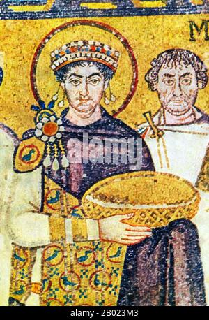 Justinian I (Latin: Flavius Petrus Sabbatius Iustinianus Augustus, Greek: Φλάβιος Πέτρος Σαββάτιος Ἰουστινιανός, c. 482 – 14 November 565), commonly known as Justinian the Great, was Byzantine Emperor from 527 to 565. During his reign, Justinian sought to revive the Empire's greatness and reconquer the lost western half of the classical Roman Empire.  Tyrian purple (Greek, πορφύρα, porphyra, Latin: purpura), also known as royal purple, imperial purple or imperial dye, is a purple-red natural dye, which is a secretion produced by certain species of predatory sea snails in the family Muricidae, Stock Photo