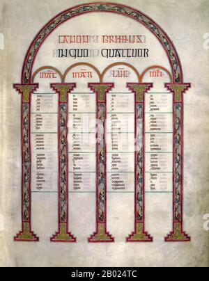 The Lindisfarne Gospels is an illuminated manuscript gospel book produced around the year 700 CE in a monastery on Lindisfarne Island, off the coast of Northumberland. It is now on display in the British Library in London. The manuscript is one of the finest works in the unique style of Hiberno-Saxon or Insular art, combining Mediterranean, Anglo-Saxon and Celtic elements.   The Lindisfarne Gospels are presumed to be the work of a monk named Eadfrith, who became Bishop of Lindisfarne in 698 and died in 721. Current scholarship indicates a date around 715, and it is believed they were produced Stock Photo