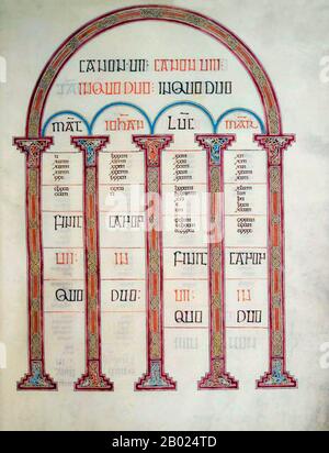 The Lindisfarne Gospels is an illuminated manuscript gospel book produced around the year 700 CE in a monastery on Lindisfarne Island, off the coast of Northumberland. It is now on display in the British Library in London. The manuscript is one of the finest works in the unique style of Hiberno-Saxon or Insular art, combining Mediterranean, Anglo-Saxon and Celtic elements.   The Lindisfarne Gospels are presumed to be the work of a monk named Eadfrith, who became Bishop of Lindisfarne in 698 and died in 721. Current scholarship indicates a date around 715, and it is believed they were produced Stock Photo