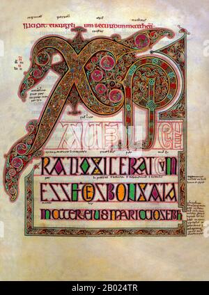 The Lindisfarne Gospels is an illuminated manuscript gospel book produced around the year 700 CE in a monastery on Lindisfarne Island, off the coast of Northumberland. It is now on display in the British Library in London. The manuscript is one of the finest works in the unique style of Hiberno-Saxon or Insular art, combining Mediterranean, Anglo-Saxon and Celtic elements.   The Lindisfarne Gospels are presumed to be the work of a monk named Eadfrith, who became Bishop of Lindisfarne in 698 and died in 721. Current scholarship indicates a date around 715, and it is believed they were produced Stock Photo