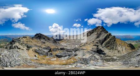360 degree panoramic view of View from The Remarkables mountain range on Queenstown and Lake Wakatipu, South Island, New Zealand.