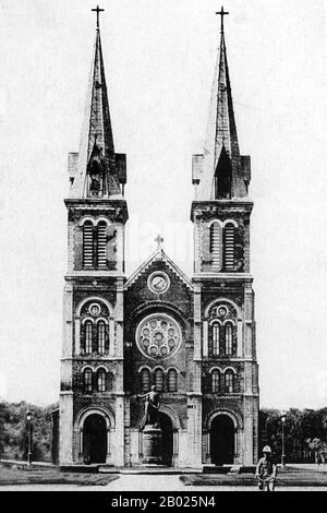 Saigon Notre-Dame Basilica, officially Basilica of Our Lady of The Immaculate Conception is a cathedral located in Ho Chi Minh City (Saigon). Established by French colonists, the cathedral was constructed between 1863 and 1880. It has two bell towers, reaching a height of 58 meters (190 feet).  Former Emperor Bảo Đại made Saigon the capital of the State of Vietnam in 1949 with himself as head of state. After the Việt Minh gained control of North Vietnam in 1954, it became common to refer to the Saigon government as 'South Vietnam'.  The government was renamed the Republic of Vietnam when Bảo Đ Stock Photo