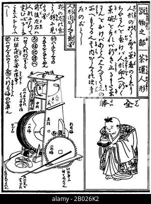 Karakuri-zui was written by Hosokawa Hanzo Yorinao, and was published in the Edo period (1798). This, Japan's oldest manuscript of mechanical engineering, consists of three volumes. They were later reprinted in Osaka and Kyoto. The compendium details the structure and the construction process of clocks (wadokei, jp. 和時計) and automated (Karakuri ningyō, jp. からくり人形) mechanical dolls, and it explains not only the techniques, but also about the spirit of making these mechanical devices. Stock Photo