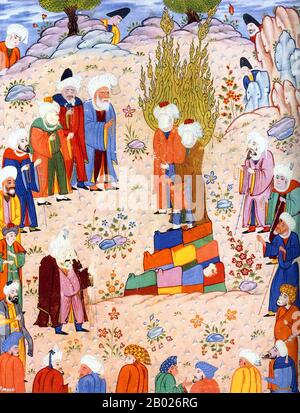 According to the Shia tradition, Muhammad formally designated his son-in-law, Ali ibn Abi Talib (the Caliph Ali) as his successor at the oasis of Gadir Khum, located mid-way between the holy cities of Mecca / Makkah and Medina, in the Arabian Hijaz. The Sunni tradition disputes this event ever took place.  Representations of the Prophet Muhammad are controversial, and generally forbidden in Sunni Islam (especially Hanafiyya, Wahabi, Salafiyya). Shia Islam and some other branches of Sunni Islam (Hanbali, Maliki, Shafi'i) are generally more tolerant of such representational images, but even so t Stock Photo