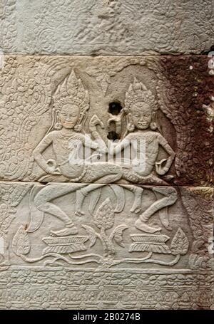 Cambodia: Dancing apsaras (Celestial Nymphs) on a pillar in Banteay Kdei, Angkor. Banteay Kdei is located southeast of Ta Prohm and east of Angkor Thom. It was built in the late 12th to early 13th centuries CE during the reign of Jayavarman VII, it is a Buddhist temple in the Bayon style, similar in plan to Ta Prohm and Preah Khan, but less complex and smaller. Stock Photo