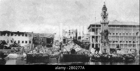The Anglo-Zanzibar War was fought between the United Kingdom and the Zanzibar Sultanate on 27 August 1896. The conflict lasted around 40 minutes, and is the shortest war in history. The immediate cause of the war was the death of the pro-British Sultan Hamad bin Thuwaini on 25 August 1896 and the subsequent succession of Sultan Khalid bin Barghash. The British authorities preferred Hamud bin Muhammed, who was more favourable to British interests, as sultan. In accordance with a treaty signed in 1886, a condition for accession to the sultanate was that the candidate obtain the permission of the Stock Photo