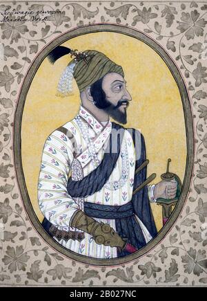 India: Portrait of Shivaji Bhonsle (19 February 1630 - 3 April 1680), founder of the Maratha Empire (1674 - 1820) c. 1685. The Maratha Empire, which lasted until 1820, at its peak covered much of the Indian subcontinent. An aristocrat of the Bhonsle Maratha clan, Shivaji led a resistance against the Adilshahi sultanate of Bijapur and the Mughal Empire and established Hindavi Swarajya ('self-rule of Hindu people'). He created an independent Maratha kingdom with Raigad as its capital, and was crowned Chhatrapati ('paramount sovereign') of the Marathas in 1674. Stock Photo