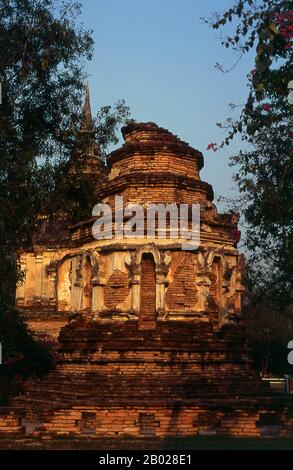 The Buddhist temple of Wat Chet Yot (Jet Yod) was constructed in 1455 CE by King Tilokarat in the style of the Mahabodhi temple in Bodh Gaya, India. Bodh Gaya was where Siddhartha Gautama, the Buddha, attained enlightenment.  Chiang Mai, sometimes written as 'Chiengmai' or 'Chiangmai', is the largest and most culturally significant city in northern Thailand, and is the capital of Chiang Mai Province. It is located 700 km (435 mi) north of Bangkok, among the highest mountains in the country. The city is on the Ping river, a major tributary of the Chao Phraya river.  King Mengrai founded the cit Stock Photo