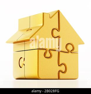 Jigsaw puzzle pieces connected to each other forming a house. 3D illustration. Stock Photo