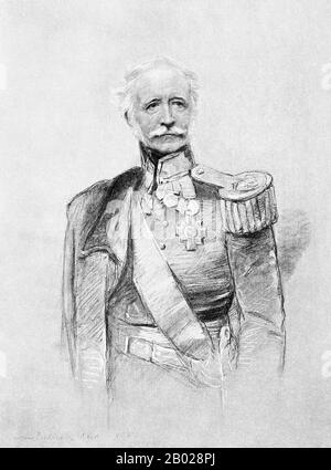 Field Marshal Hugh Gough, 1st Viscount Gough KP, GCSI, KCB, PC (3 November 1779 – 2 March 1869), was a British Army officer. He was said to have commanded in more general actions than any other British officer of the 19th century except the Duke of Wellington.  Born at Woodstown House, County Limerick, he was the son of Lieut.-Colonel George Gough (1750–1836) of Woodstown House, Deputy-Governor of County Limerick, and his wife Letitia Bunbury, daughter of Thomas Bunbury of Lisnevagh House and Moyle, Co. Carlow. He was a member of an old Anglo-Irish family long settled in County Limerick since Stock Photo