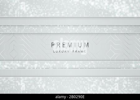 Vector white and silver abstract headline luxury frame. Sparkling sequins on light gray background. Horizontal line premium label design. Stock Vector