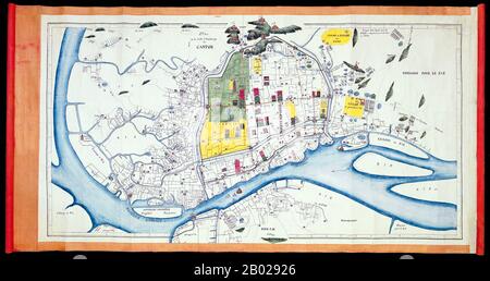 China: Manuscript plan of Canton (now Guangzhou) following the Second Opium War, 'Plan de la Ville et Faubourgs de Canton', 1860.  A hand-drawn map giving a detailed picture of Canton at the end of the Second Opium War.  The old city is beautifully rendered with the great palaces, pagodas and the city's many gates all marked. To the north of the city walls lie the imposing hill forts, and to the south is the new city which, before the outbreak of hostilities, housed the residence of the Governor Ye Mingchen.  Beyond the city walls to the right are depicted the north and east parade grounds. Stock Photo