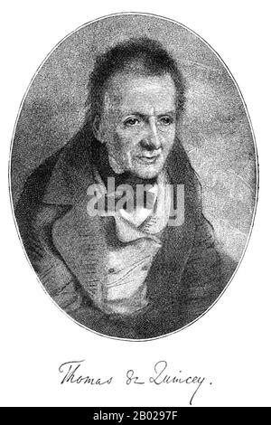 By his own testimony, De Quincey first used opium in 1804 to relieve his neuralgia; he used it for pleasure, but no more than weekly, through 1812. It was in 1813 that he first commenced daily usage, in response to illness and his grief over the death of Wordsworth's young daughter Catherine.   In the periods of 1813–16 and 1817–19 his daily dose was very high, and resulted in the sufferings recounted in the final sections of his Confessions. For the rest of his life his opium use fluctuated between extremes; he took 'enormous doses' in 1843, but late in 1848 he went for 61 days with none at a Stock Photo