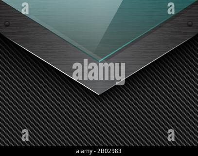 Vector black carbon fiber background with corner brushed metal plate and green transparent glass. Industrial elegant arrow design illustration. Stock Vector