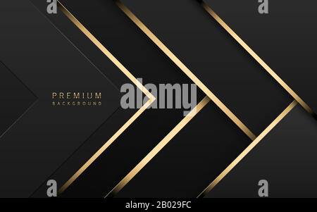 Vector luxury tech background. Stack of black paper material layer with gold stripe. Arrow shape premium wallpaper. Stock Vector