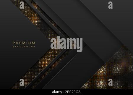 Vector abstract black layered background with golden halftone effect. Glitter dotted sparkles shine texture. Dark laminate material arrow shape. Stock Vector