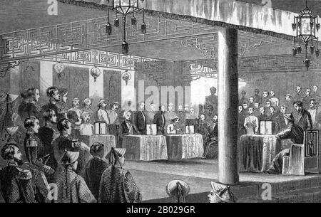 Several documents known as the 'Treaty of Tien-tsin' were signed in Tianjin (Tientsin) in June 1858, ending the first part of the Second Opium War (1856–1860). The Second French Empire, United Kingdom, Russian Empire, and the United States were the parties involved.  These treaties opened more Chinese ports (see Treaty of Nanking) to the foreigners, permitted foreign legations in the Chinese capital Beijing, allowed Christian missionary activity, and legalized the import of opium.  They were ratified by the Emperor of China in the Convention of Peking in 1860, after the end of the war. Stock Photo
