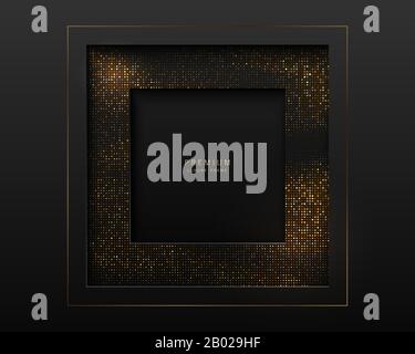 Vector black and gold abstract square luxury frame. Sparkling sequins on black background. Premium label design. Stock Vector
