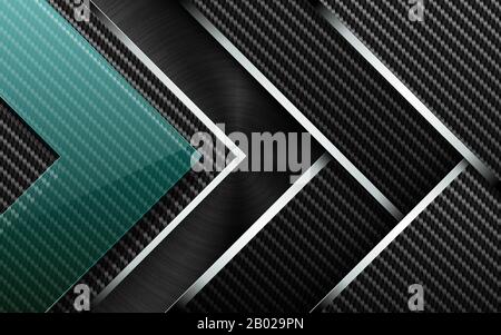 Vector tech background. Stack of carbon fiber material layer with chrome stripe edge. Black brushed metal and green glass arrow shape industrial Stock Vector