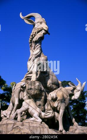 The Five Rams Statue (Wu Yang Shixiang), a granite sculptural representation of five goats, is based on the legend of Guangzhou’s founding. Five gods descended from heaven riding rams holding sprigs of rice in their mouths. The celestial visitors distributed the rice, blessing the local people with eternal freedom from famine and then disappeared leaving the five rice-bearing rams. The rams turned to stone, giving Guangzhou its nickname: ‘City of Rams’. Stock Photo