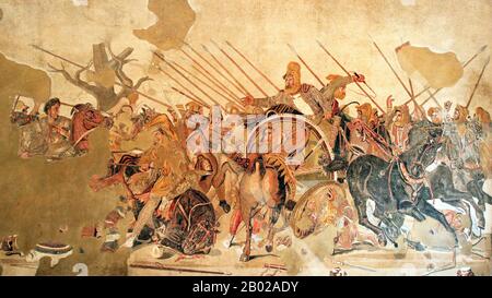 The Alexander Mosaic, dating from circa 100 BCE, is a Roman floor mosaic originally from the House of the Faun in Pompeii. It depicts a battle between the armies of Alexander the Great and Darius III of Persia and measures 2.72 x 5.13m (8 ft 11in x 16 ft 9in).  The original is preserved in the Naples National Archaeological Museum. The mosaic is believed to be copy of an early 3rd Century BCE Hellenistic painting, possibly by Philoxenos of Eretria. Stock Photo