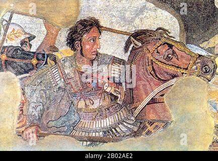 The Alexander Mosaic, dating from circa 100 BCE, is a Roman floor mosaic originally from the House of the Faun in Pompeii. It depicts a battle between the armies of Alexander the Great and Darius III of Persia and measures 2.72 x 5.13m (8 ft 11in x 16 ft 9in).  The original is preserved in the Naples National Archaeological Museum. The mosaic is believed to be copy of an early 3rd Century BCE Hellenistic painting, possibly by Philoxenos of Eretria. Stock Photo