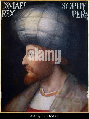 Ismail I (July 17, 1487 – May 23, 1524), known in Persian as Shāh Ismāʿil (Persian: شاه اسماعیل; full name: Abū l-Muzaffar bin Haydar as-Safavī), was Shah of Iran (1501-1524) and the founder of the Safavid dynasty which survived until 1736. Isma'il started his campaign in Iranian Azerbaijan in 1500 as the leader of the Safaviyya, a Twelver Shia militant religious order, and unified all of Iran by 1509.  The dynasty founded by Ismail I would rule for two centuries, it was one of the greatest Persian empires after the Muslim conquest of Persia. It also reasserted the Iranian identity in Greater Stock Photo