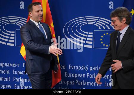 Brussels, Belgium. 18th Feb, 2020. Macedonian Prime Minister Oliver Spasovski (L) is welcomed by European Parliament President David Sassoli (R) ahead of a meeting at the European Parliament. Credit: ALEXANDROS MICHAILIDIS/Alamy Live News Stock Photo