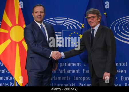 Brussels, Belgium. 18th Feb, 2020. Macedonian Prime Minister Oliver Spasovski (L) is welcomed by European Parliament President David Sassoli (R) ahead of a meeting at the European Parliament. Credit: ALEXANDROS MICHAILIDIS/Alamy Live News Stock Photo