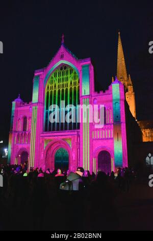 Love Light Norwich Festival - 'Love Always Wins' projection onto the facade of Norwich Cathedral. UK February 2020 Stock Photo