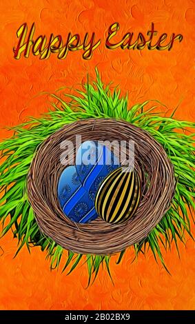 Three  Easter eggs in the basket. Stock Photo