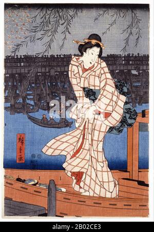 Utagawa Hiroshige (1797 – October 12, 1858) was a Japanese ukiyo-e artist, and one of the last great artists in that tradition. He was also referred to as Andō Hiroshige, and by the art name of Ichiyūsai Hiroshige. Among many masterpieces, Hiroshige is particularly remembered for 'The Sixty-nine Stations of the Kisokaidō' (1834–1842) and 'Thirty-six Views of Mount Fuji' (1852–1858). Stock Photo