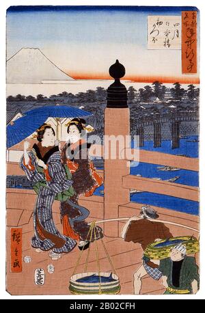 Utagawa Hiroshige (1797 – October 12, 1858) was a Japanese ukiyo-e artist, and one of the last great artists in that tradition. He was also referred to as Andō Hiroshige, and by the art name of Ichiyūsai Hiroshige. Among many masterpieces, Hiroshige is particularly remembered for 'The Sixty-nine Stations of the Kisokaidō' (1834–1842) and 'Thirty-six Views of Mount Fuji' (1852–1858). Stock Photo