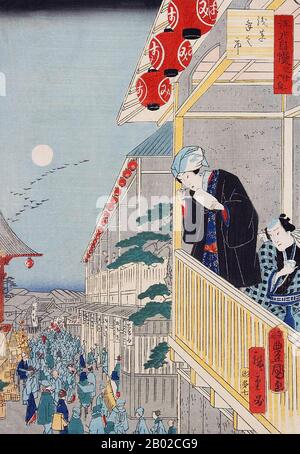 Hiroshige II (歌川広重 2代目, 1829 – October 21, 1869) was a designer of ukiyo-e and Japanese woodblock prints. He was born Suzuki Chinpei (鈴木鎮平?). He became a student and the adopted son of Hiroshige, then was given the artistic identity of, 'Shigenobu'. When the senior Hiroshige died in 1858, Shigenobu married his master’s daughter, Otatsu.  Utagawa Kunisada (1786 – January 12, 1865) (Japanese: 歌川 国貞, also known as Utagawa Toyokuni III 三代歌川豊国 ) was the most popular, prolific and financially successful designer of ukiyo-e woodblock prints in 19th-century Japan. In his own time, his reputation far e Stock Photo