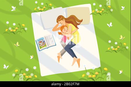 Mother and daughter in nature. Happy family spending time on the lawn reading books and relaxing. Concept motherhood child-rearing. Vector Stock Vector