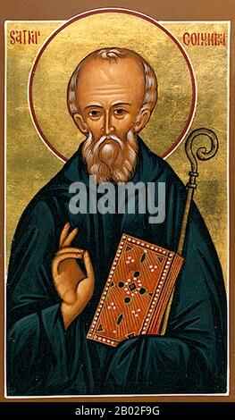 Saint Columba (7 December 521 – 9 June 597 CE)—also known as Colum Cille, or Chille (Old Irish, meaning 'dove of the church'), Colm Cille (Irish), Calum Cille (Scottish Gaelic), Colum Keeilley (Manx Gaelic) and Kolban or Kolbjørn (Old Norse)—was a Gaelic Irish missionary monk who propagated Christianity among the Picts during the Early Medieval Period. He was one of the Twelve Apostles of Ireland. Stock Photo